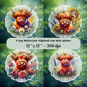 Watercolor Highland cow with flowers wind Spinner png , 4 Wind Spinner Sublimation Design , Garden Wind Spinner decor , Digital Download