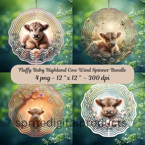 Fluffy Baby Highland cow wind Spinner png , 4 Wind Spinner Sublimation Design , Garden Wind Spinner , Digital Download , Nursery Cow Art