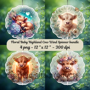 Floral Baby Highland Cow wind Spinner png , 4 Wind Spinner Sublimation Design , Garden Wind Spinner, Digital Download , outdoor decor