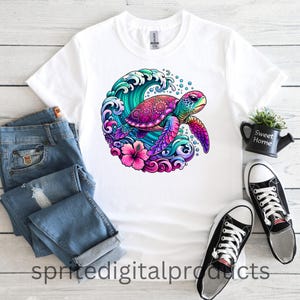 Tropical Sea Turtle PNG , Sublimation Designs , T-Shirt Sweater Design Clipart , Digital Download , Ocean Wave with Hibiscus Flowers apparel
