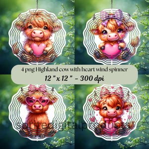 Vache Highland avec coeur vent Spinner png, 4 vent spinner Sublimation Design, décoration jardin vent Spinner, téléchargement numérique