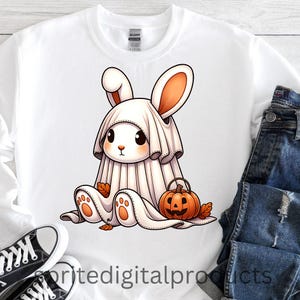 Halloween Ghost Bunny Png , Sublimation Design , Instant Download , Cute Rabbit with Pumpkin T-Shirt Sweater Png , Trick or Treat Bunny Png