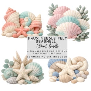 May include: A collection of faux needle felt seashell clipart bundle designs. The designs include various seashells, starfish, and decorative elements in pastel colors. The text on the image reads "FAUX NEEDLE FELT SEASHELL Clipart Bundle".