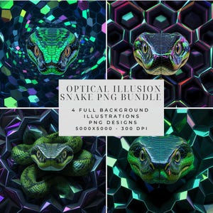May include: A digital bundle featuring four snake illustrations with optical illusion backgrounds. The text reads: OPTICAL ILLUSION SNAKE PNG BUNDLE, 4 FULL BACKGROUND ILLUSTRATIONS, PNG DESIGNS, 5000X5000 - 300 DPI. The snakes have green scales.