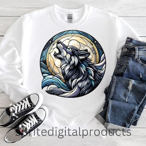 Howling Wolf PNG , Sublimation Designs , T-Shirt Sweater Design Clipart , Digital Download , Mandala Glowing Full Moon apparel print design