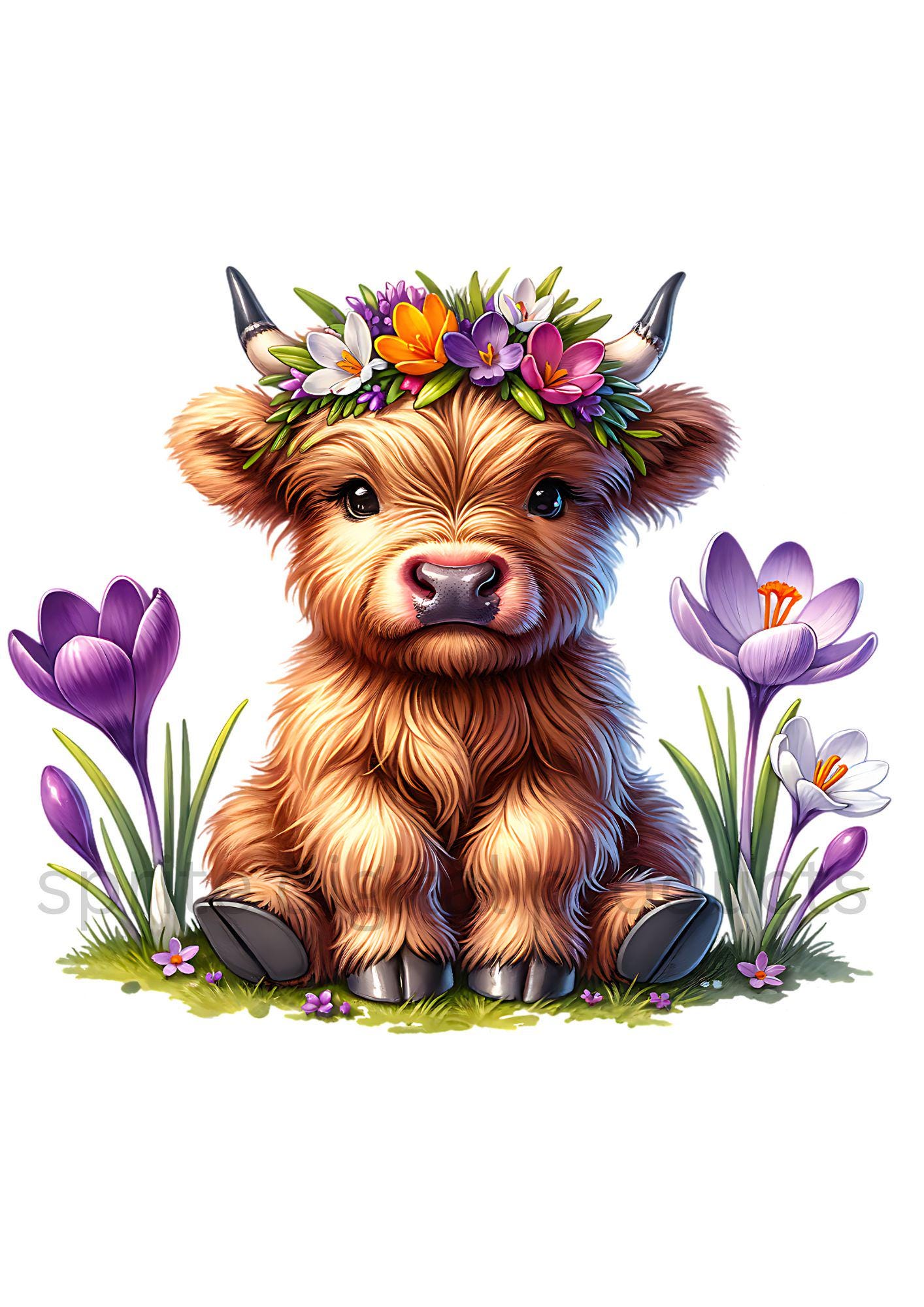 Baby Highland Cow With Flowers Clipart , 10 Watercolor Png , Animal ...