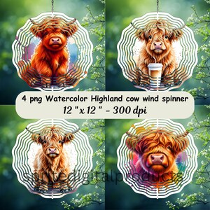 Aquarelle de vache des Highlands, hélice à vent png, 4 hélices à vent sublimation, décoration de girouette de jardin, téléchargement numérique