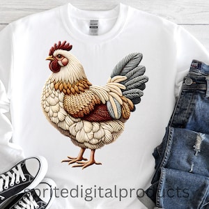 Faux Embroidery Chicken Sublimation PNG , Instant Download ,  Rustic Country T-Shirt Sweater Design , Faux Embroidered Farmhouse Chicken Png