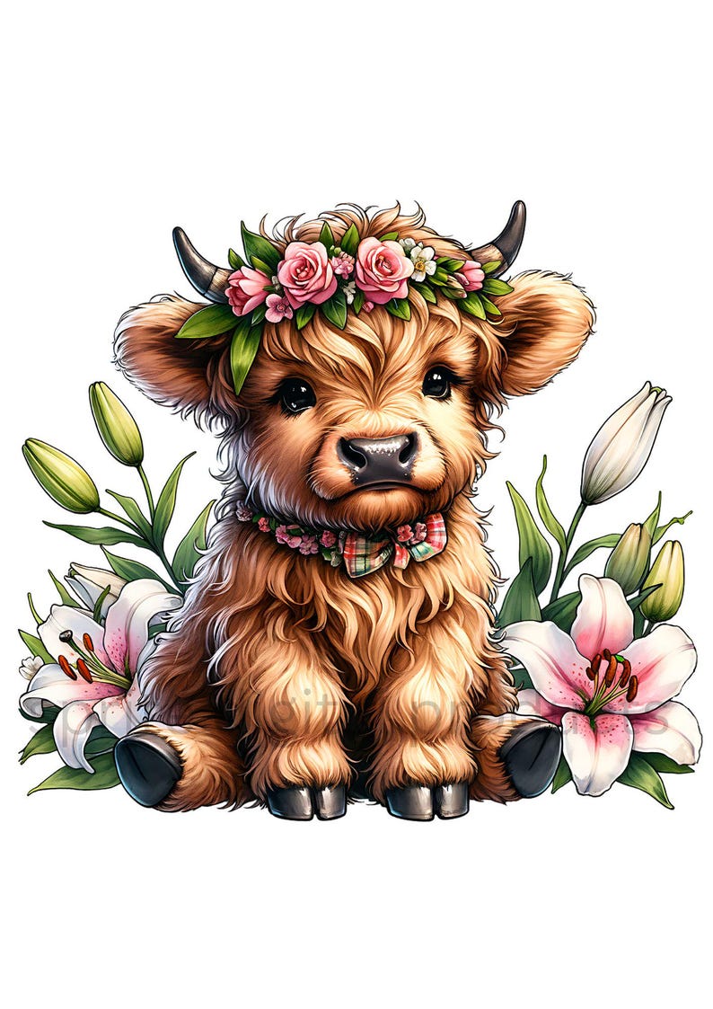 Baby Highland Cow With Flowers Clipart , 10 Watercolor Png , Animal ...