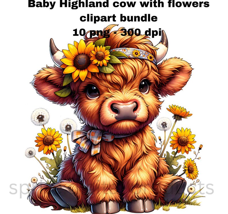 Baby Highland Cow With Flowers Clipart , 10 Watercolor Png , Animal ...