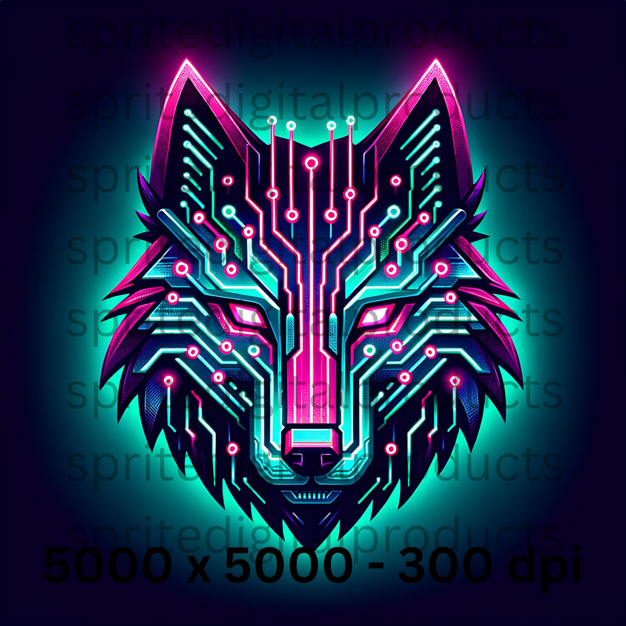 Neon Cyber Wolf Pillow Png Design , Digital Download , Futuristic Tech ...