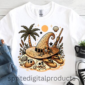 Witch Hat Beach Png , Sublimation Design , Instant Download , Summerween Halloween at the Beach T-Shirt Sweater Png , Spooky Summer Png