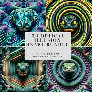May include: A digital graphic bundle featuring four 3D optical illusion snake designs with vibrant patterns in teal, purple, green, and yellow. The central text reads 3D OPTICAL ILLUSION SNAKE BUNDLE, 4 PNG DESIGNS, 5000X5000 - 300 DPI.