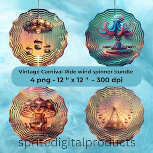 Vintage Karneval Fahrten Wind Spinner png, 4 Wind Spinner Sublimation Design, Garten Dekor, digitaler Download, Rummelplatz Fantasy Wandkunst