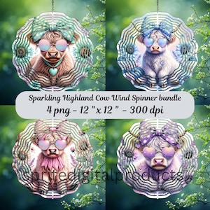 Spinner à vent vache Highland pétillant png, 4 hélices à vent sublimation, décoration de girouette de jardin, téléchargement numérique