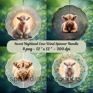 Sweet Highland cow wind Spinner png , 4 Wind Spinner Sublimation Design , Garden Wind Spinner , Digital Download , Fluffy Baby Cow Art