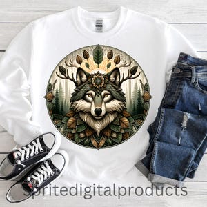 Folk Art Wolf Png , Sublimation Designs , T-Shirt Sweater Design , Digital Download , Forest Spirit Wolf png , Boho Woodland Animal Png