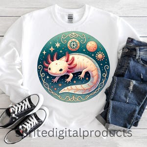 Celestial Axolotl PNG , Sublimation Designs , T-Shirt Sweater Design Clipart , Digital Download , Mystical Lizard apparel print design art