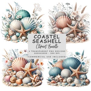 May include: A digital art bundle featuring four coastal seashell designs. Each design showcases a collection of seashells, starfish, and beach elements in shades of blue, white, peach, and tan. The text "COASTEL SEASHELL Clipart Bundle" is included.