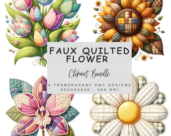 Faux Quilted Flower Clipart Bundle , 4 Transparent Png , Digital Download , Faux Patchwork Fabric Floral Sublimation , Cottagecore Design