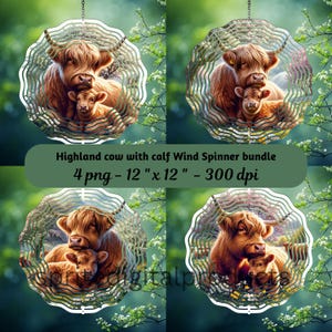 Vache Highland avec hélice à vent veau png, 4 hélices à vent sublimation, hélice de jardin, décor de ferme rustique, téléchargement numérique