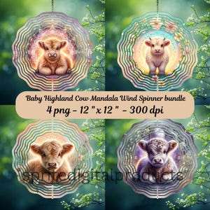 Baby Highland cow Mandala wind Spinner png , 4 Wind Spinner Sublimation Design , Garden Wind Spinner, Digital Download , outdoor decor