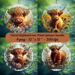 Floral Highland Cow wind Spinner png , 4 Wind Spinner Sublimation Design , Garden Wind Spinner decor , Rustic farm decor , Digital Download
