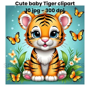 Clipart di un simpatico cucciolo di tigre, 10 jpg di alta qualità, file di immagini digitali di animali, illustrazione di libri per bambini, stampabile per la cameretta dei bambini, clipart da parete