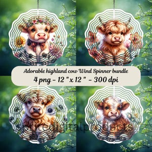 Adorable Highland cow wind Spinner png , 4 Wind Spinner Sublimation Design , Garden Wind Spinner, Digital Download , outdoor decor