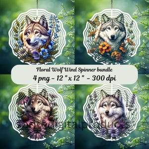 Floral Wolf wind Spinner png , 4 Wind Spinner Sublimation Design , Garden Wind Spinner, Digital Download , Forest wolf png , outdoor decor