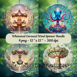 Skurril Karussell Wind Spinner png, 4 Wind Spinner Sublimation Design, Garten Dekor, digitaler Download, Jahrmarkt Fahrten Wand Kunst png