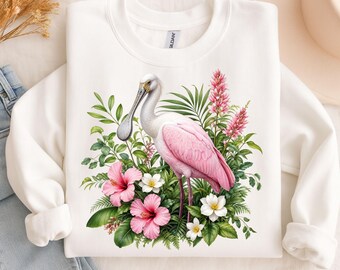 Roze lepelaar PNG, exotisch tropisch vogel T-shirt trui sublimatie ontwerp, roze hibiscus clipart, digitale download