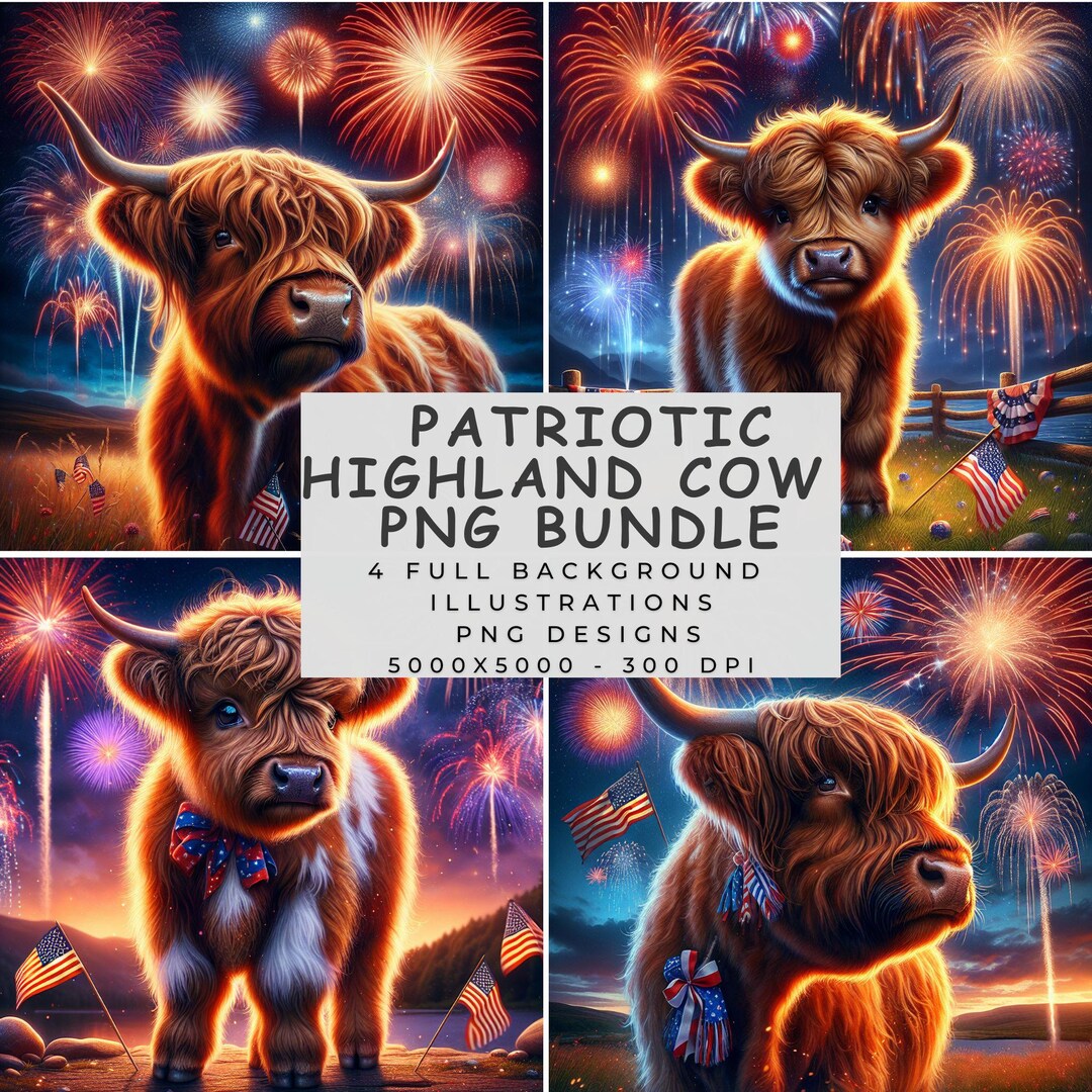 Patriotic Highland Cow Bundle , 4 American Flag Cow Png , Digital ...