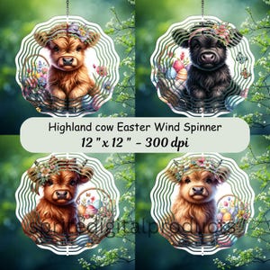 Spinner à vent de Pâques vache Highland png, 4 hélices à vent sublimation, hélice à vent de jardin, téléchargement numérique, décoration extérieure