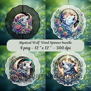 Mystical Howling Wolf wind Spinner png , 4 Wind Spinner Sublimation Design , Garden Wind Spinner, Digital Download , outdoor decor
