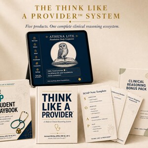 May include: A collection of educational materials for clinical reasoning, including a tablet displaying an owl illustration, books, and note templates. The text reads "THE THINK LIKE A PROVIDER SYSTEM" and "NP STUDENT PLAYBOOK".