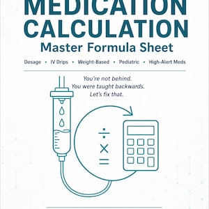 May include: A white sheet with the title "MEDICATION CALCULATION Master Formula Sheet" in large teal letters. The sheet includes illustrations of an IV drip and a calculator, with text that reads "You're not behind. You were taught backwards. Let's fix that."
