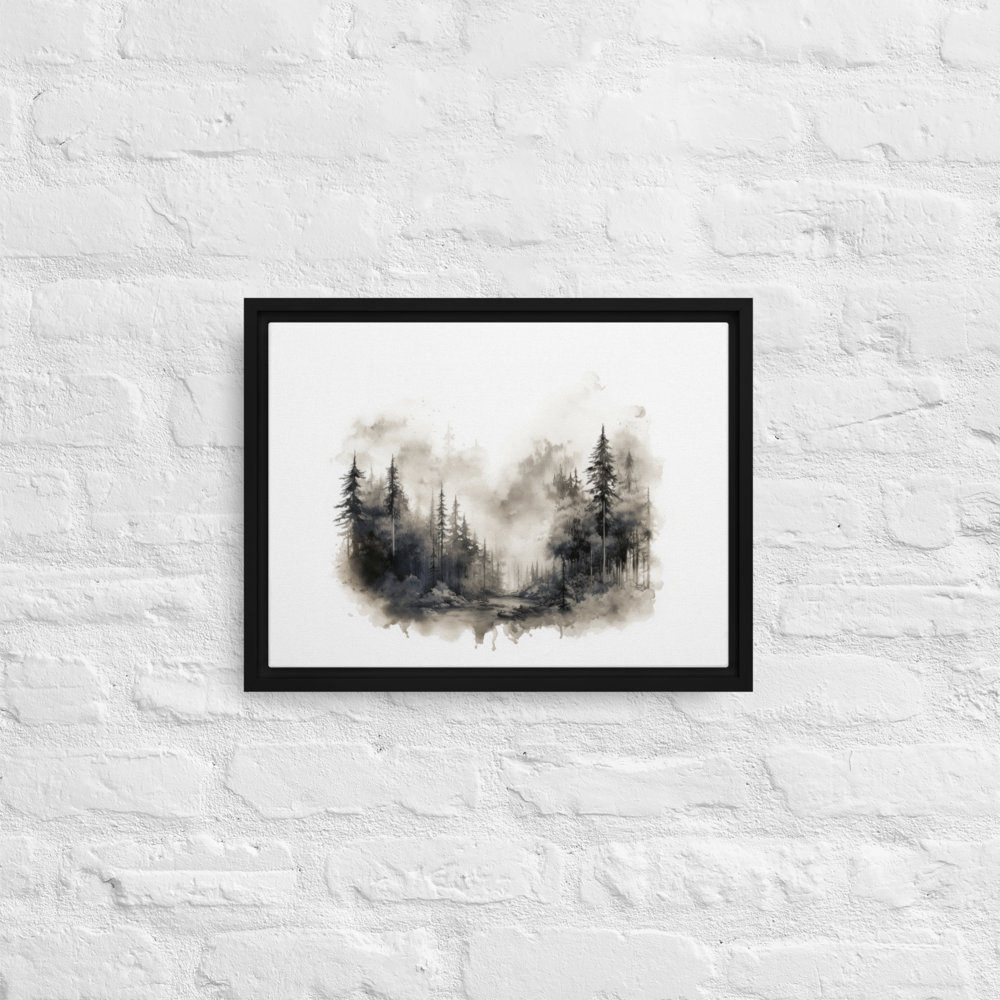 Sylvan Whispers A Dance of Ink and Watercolor Framed Canvas Wall Art