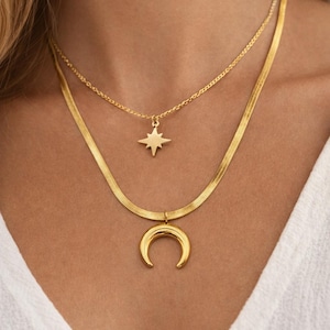Collana a doppio filo Luna e Stella Polare – Acciaio inossidabile 316L con rivestimento PVD oro, impermeabile, collana celeste, regalo per donna