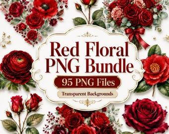 Red Floral PNG Bundle, 95 Watercolor Rose Clipart Flowers, Bouquet Wreath Sublimation