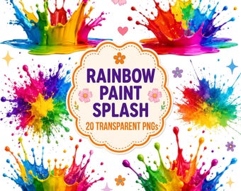Pacote de imagens PNG com respingos de tinta arco-íris, 20 designs de clipart transparentes para sublimação.