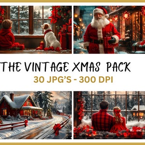 Vintage Red Christmas Art Bundle - 30 festliche JPGs, Weihnachtsmann, verschneite Hütten, roter LKW, gemütliche Feiertagsdekoration, Sofort-Download