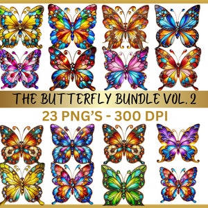 Bundle de cliparts papillon en vitrail – 23 PNG de bijoux fantaisie, oeuvre d'art papillon vibrante pour travaux manuels, autocollants et produits à imprimer