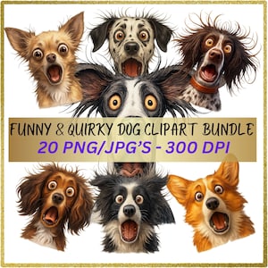 Funny Dog Bundle Clipart, PNG JPG – 20 Cartoon Messy Hair Dogs, Quirky Pet Illustrations for Shirts, Mugs & Wall Art
