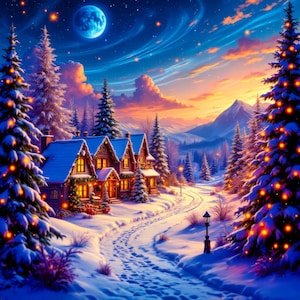 Impresiones artísticas JPG de pueblo navideño, descarga de archivo digital para manualidades, decoración de habitación, exhibición de pared, escena navideña, cielo nocturno, paisaje invernal, cabaña