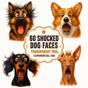 Paquete de imágenes prediseñadas de perros divertidos: 60 imágenes PNG de caras de reacción de sorpresa originales para sublimación.