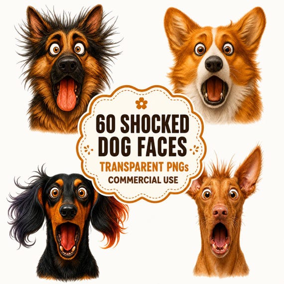 Funny Dog Clipart Bundle: 60 Quirky Shocked Reaction Face PNGs for Sublimation