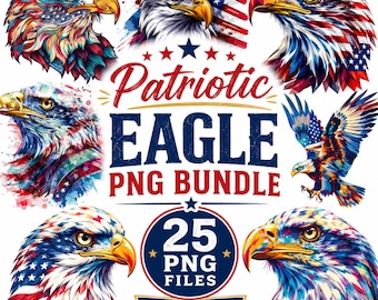 Pacchetto di immagini PNG di aquile patriottiche, 25 clipart di aquile calve con bandiera americana per la sublimazione del 4 luglio