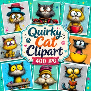 Pacote de Clipart de Gatos Divertidos, 400 Imagens JPG, Arte de Parede com Gatos Inusitados, Presente para Amantes de Gatos, Download Digital