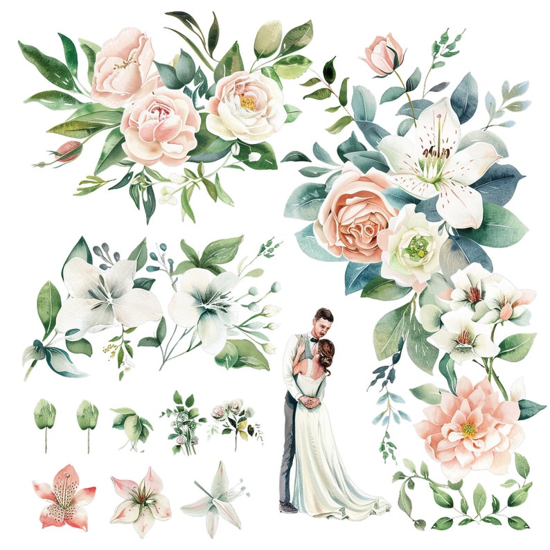 Elegant Wedding 50 Clipart Bundle, PNG Illustrations, Floral ...